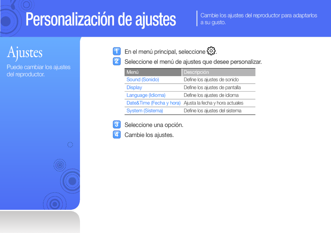 Samsung YP-Q3CW/EDC Puede cambiar los ajustes del reproductor, Seleccione una opción. Cambie los ajustes, Menú Descripción 