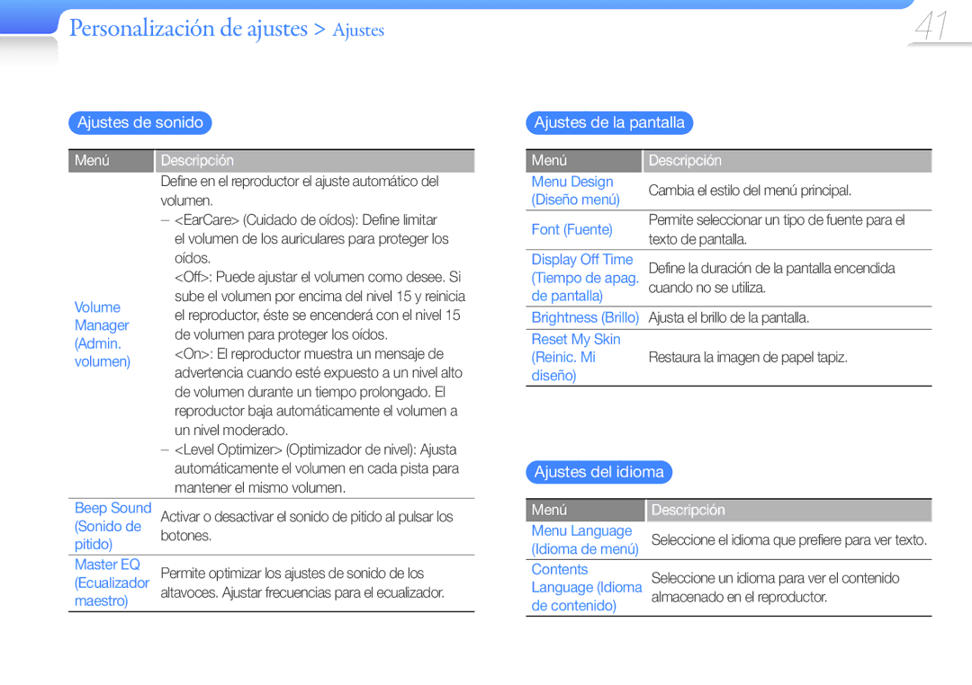 Samsung YP-Q3AW/EDC Personalización de ajustes Ajustes, Ajustes de sonido, Ajustes de la pantalla, Ajustes del idioma 