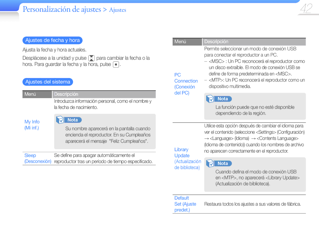 Samsung YP-Q3CS/EDC, YP-Q3CB/EDC, YP-Q3AB/EDC, YP-Q3CW/EDC, YP-Q3AW/EDC manual Ajustes del sistema 