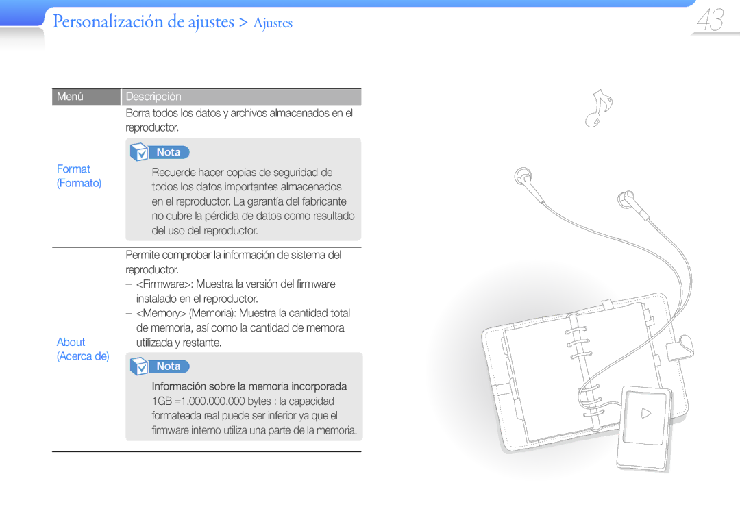 Samsung YP-Q3CB/EDC, YP-Q3AB/EDC, YP-Q3CW/EDC, YP-Q3AW/EDC, YP-Q3CS/EDC manual Formato, About, Acerca de 