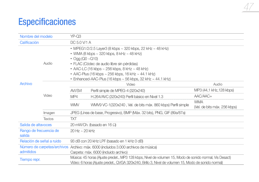 Samsung YP-Q3CS/EDC, YP-Q3CB/EDC, YP-Q3AB/EDC, YP-Q3CW/EDC, YP-Q3AW/EDC manual Especificaciones 