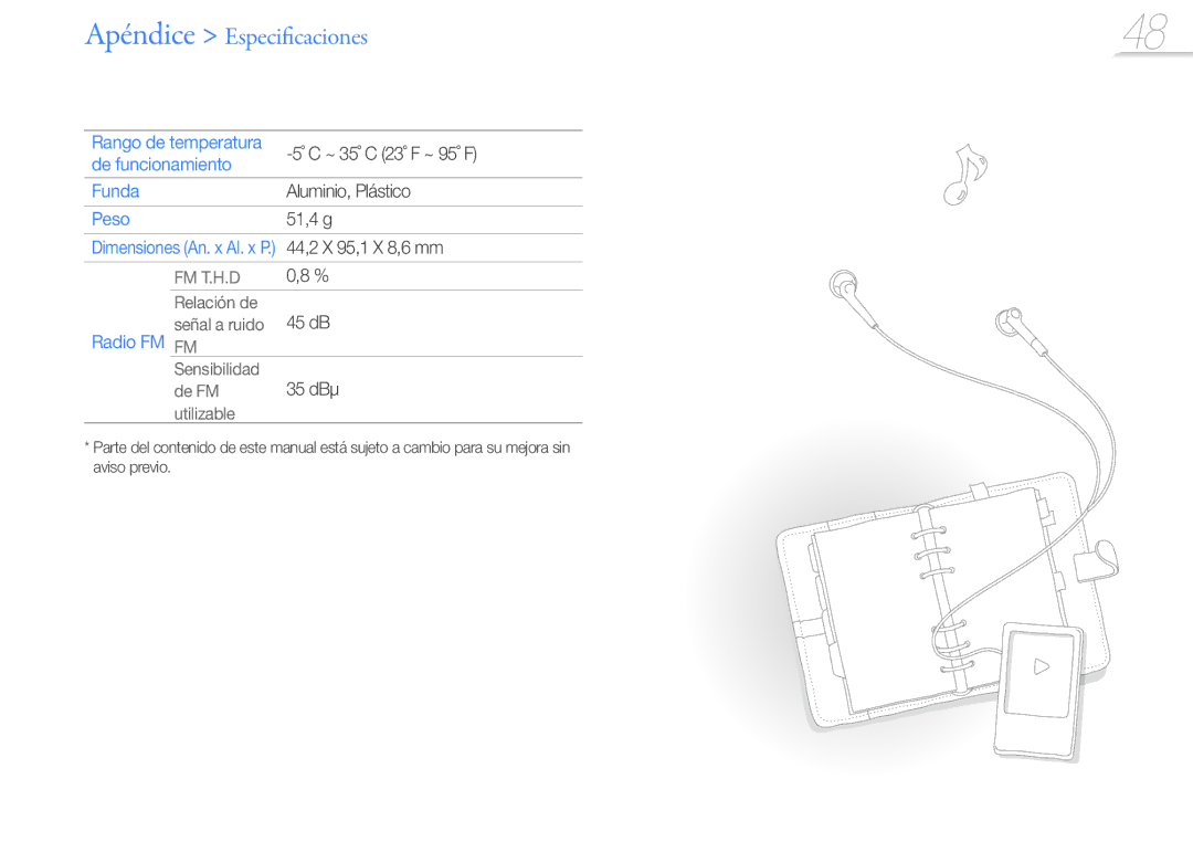 Samsung YP-Q3CB/EDC, YP-Q3AB/EDC, YP-Q3CW/EDC, YP-Q3AW/EDC, YP-Q3CS/EDC manual De funcionamiento Funda, Peso, Radio FM FM 