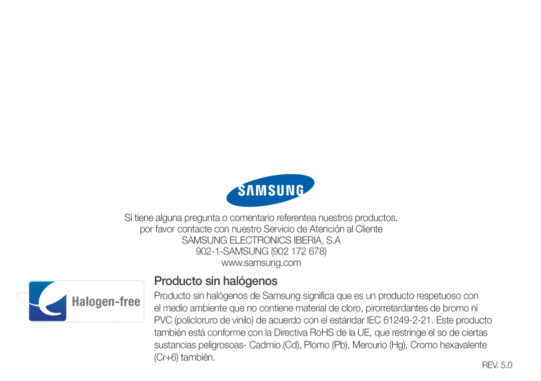 Samsung YP-Q3AW/EDC, YP-Q3CB/EDC, YP-Q3AB/EDC, YP-Q3CW/EDC, YP-Q3CS/EDC manual Producto sin halógenos, Samsung 902 172 