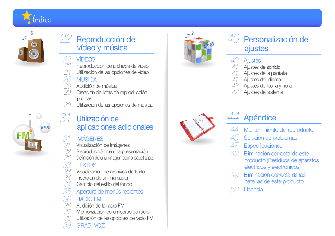 Samsung YP-Q3CS/EDC, YP-Q3CB/EDC, YP-Q3AB/EDC, YP-Q3CW/EDC, YP-Q3AW/EDC manual Índice, Producto Residuos de aparatos 