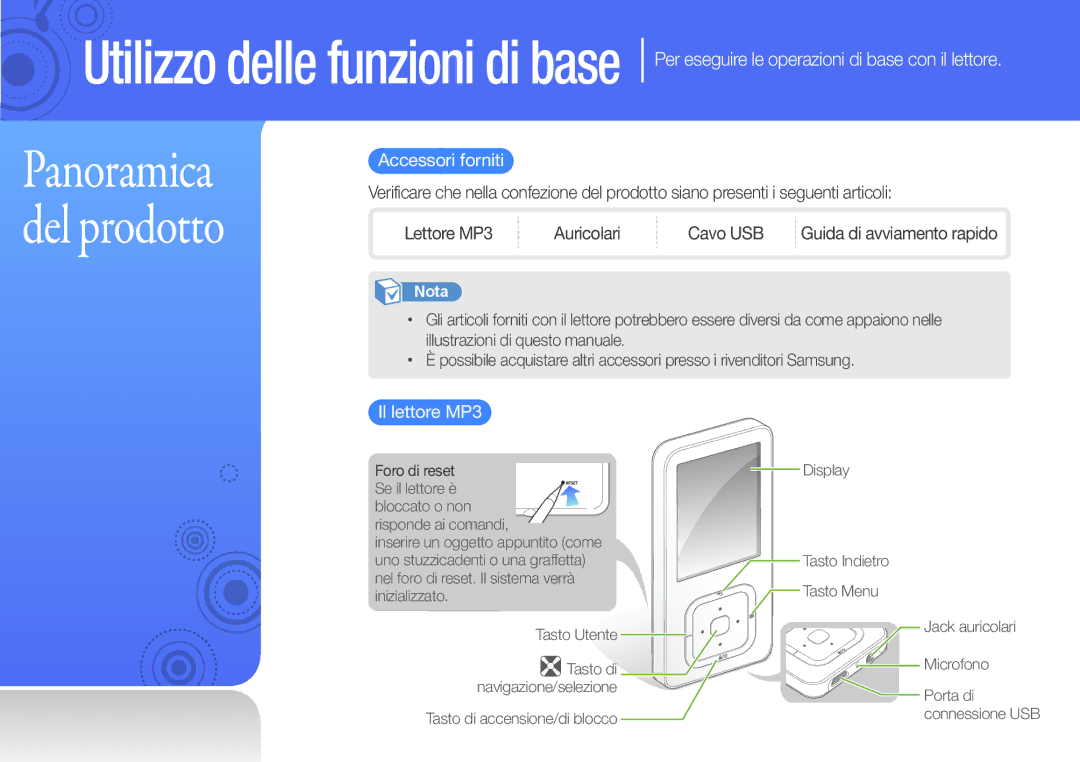 Samsung YP-Q3CW/EDC, YP-Q3CB/EDC manual Per eseguire le operazioni di base con il lettore, Accessori forniti, Il lettore MP3 