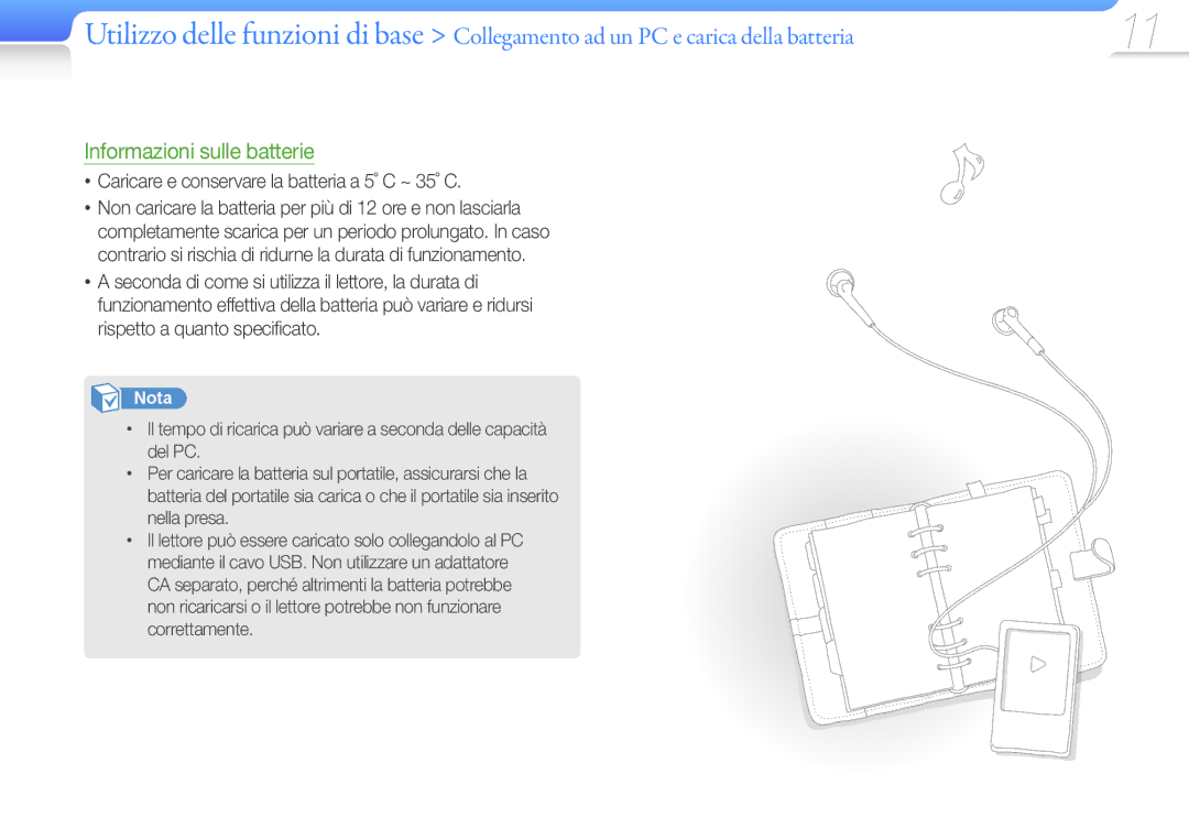 Samsung YP-Q3AB/EDC, YP-Q3CB/EDC, YP-Q3CW/EDC Informazioni sulle batterie, Caricare e conservare la batteria a 5˚ C ~ 35˚ C 