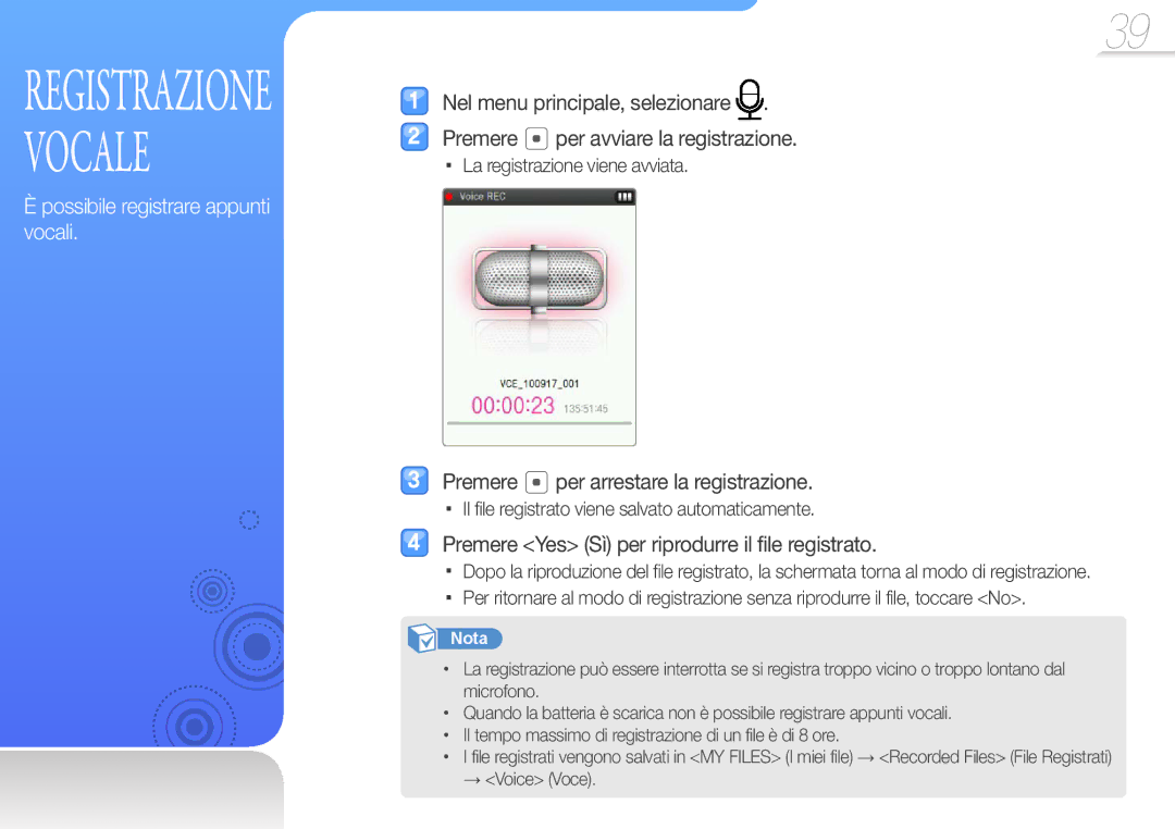 Samsung YP-Q3AB/EDC, YP-Q3CB/EDC Premere per arrestare la registrazione, Premere Yes Sì per riprodurre il file registrato 