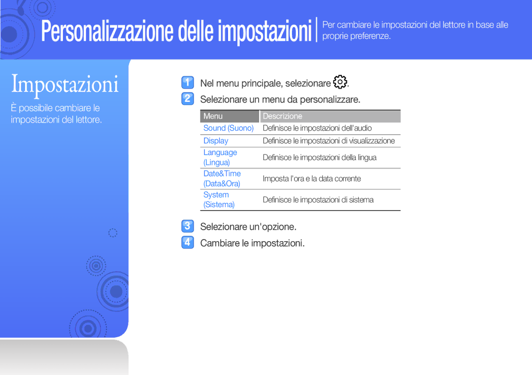 Samsung YP-Q3CW/EDC manual Selezionare unopzione Cambiare le impostazioni, Possibile cambiare le impostazioni del lettore 