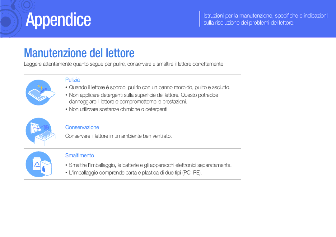 Samsung YP-Q3CW/EDC Non utilizzare sostanze chimiche o detergenti, Conservare il lettore in un ambiente ben ventilato 