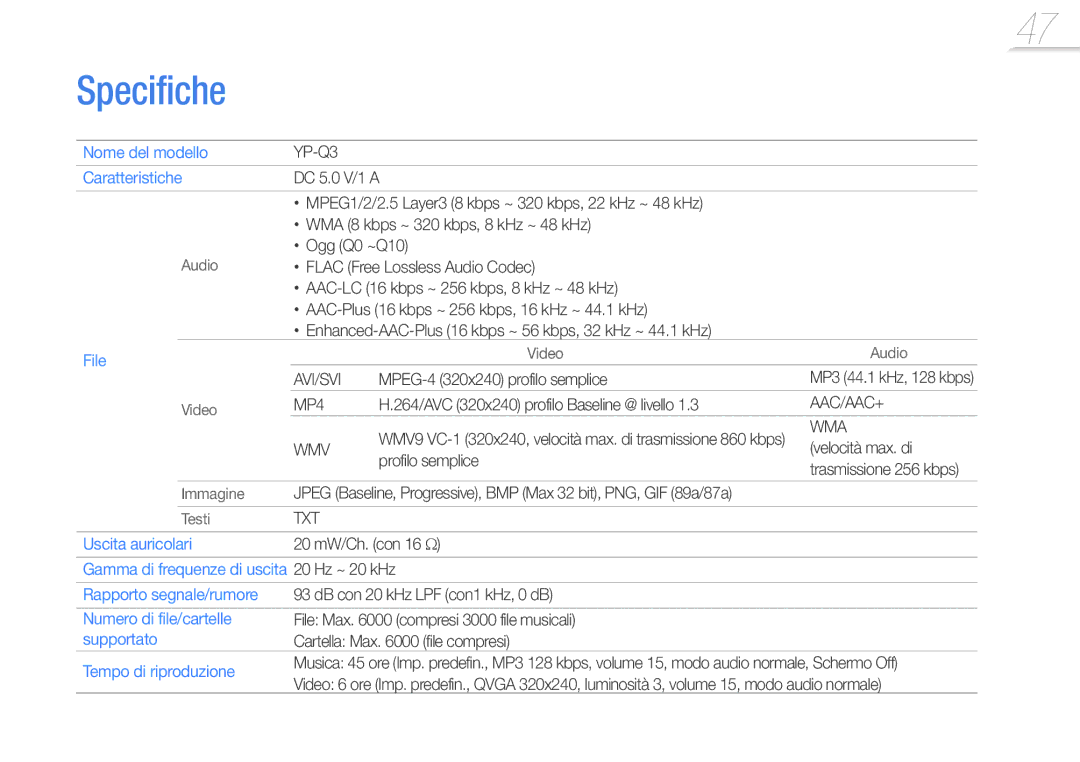 Samsung YP-Q3AB/EDC, YP-Q3CB/EDC, YP-Q3CW/EDC, YP-Q3AW/EDC manual Specifiche 