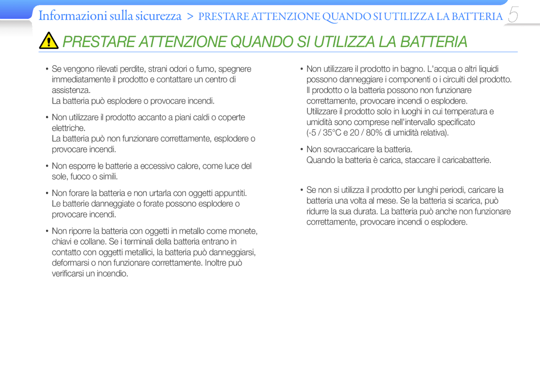 Samsung YP-Q3AW/EDC, YP-Q3CB/EDC, YP-Q3AB/EDC, YP-Q3CW/EDC manual Prestare Attenzione Quando SI Utilizza LA Batteria 