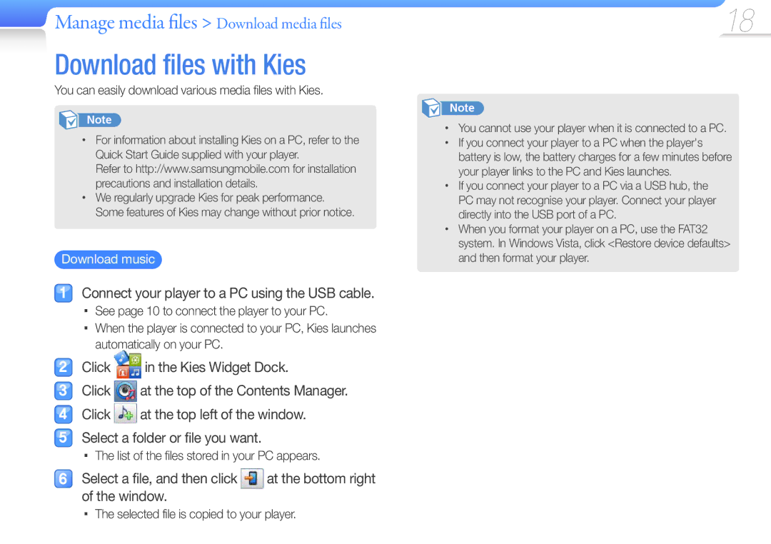 Samsung YP-Q3CW/EDC, YP-Q3CB/XEF manual Download files with Kies, Manage media files Download media files, Download music 