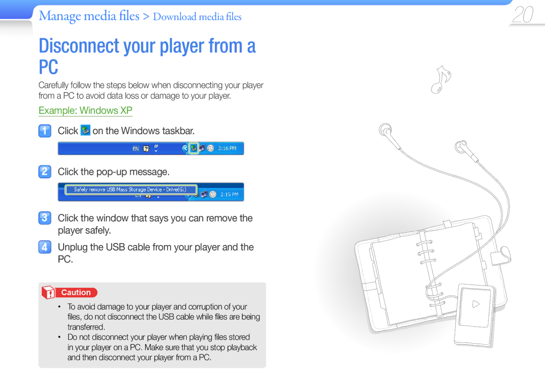 Samsung YP-Q3CS/EDC, YP-Q3CB/XEF, YP-Q3AW/XEF, YP-Q3AB/XEF, YP-Q3CW/XEF Disconnect your player from a, Example Windows XP 