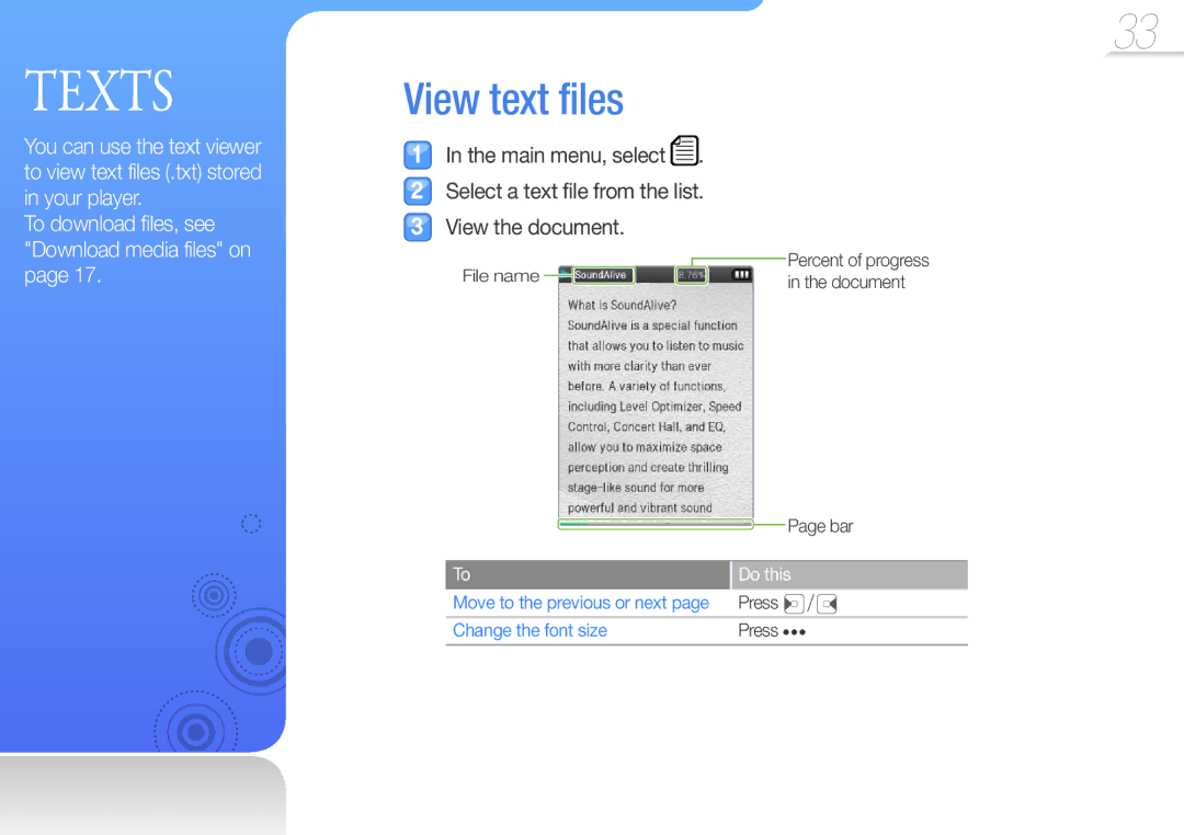 Samsung YP-Q3AW/EDC, YP-Q3CB/XEF, YP-Q3AW/XEF, YP-Q3AB/XEF, YP-Q3CW/XEF, YP-Q3CB/EDC View text files, Change the font size 