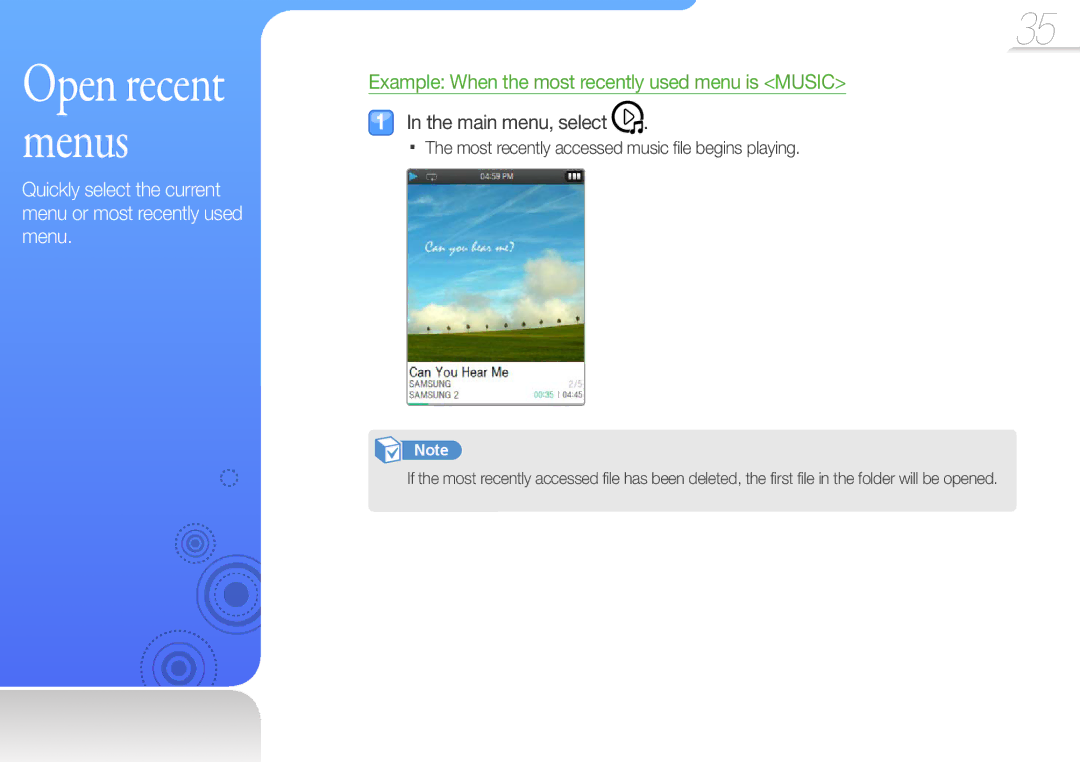 Samsung YP-Q3AW/XSV, YP-Q3CB/XEF, YP-Q3AW/XEF manual Main menu, select, Most recently accessed music file begins playing 