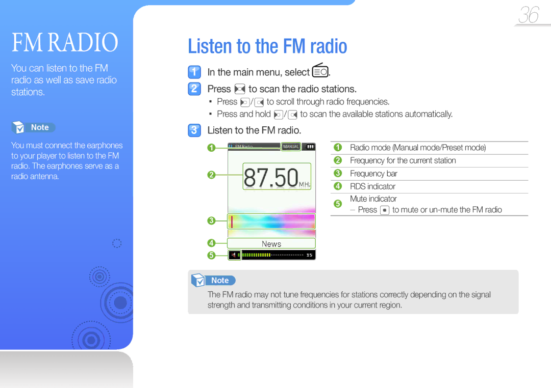 Samsung YP-Q3CB/SUN, YP-Q3CB/XEF, YP-Q3AW/XEF Listen to the FM radio, Main menu, select Press to scan the radio stations 