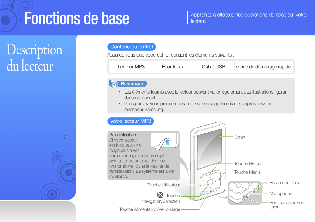 Samsung YP-Q3AB/XEF, YP-Q3CB/XEF, YP-Q3AW/XEF, YP-Q3CW/XEF manual Contenu du coffret, Votre lecteur MP3 