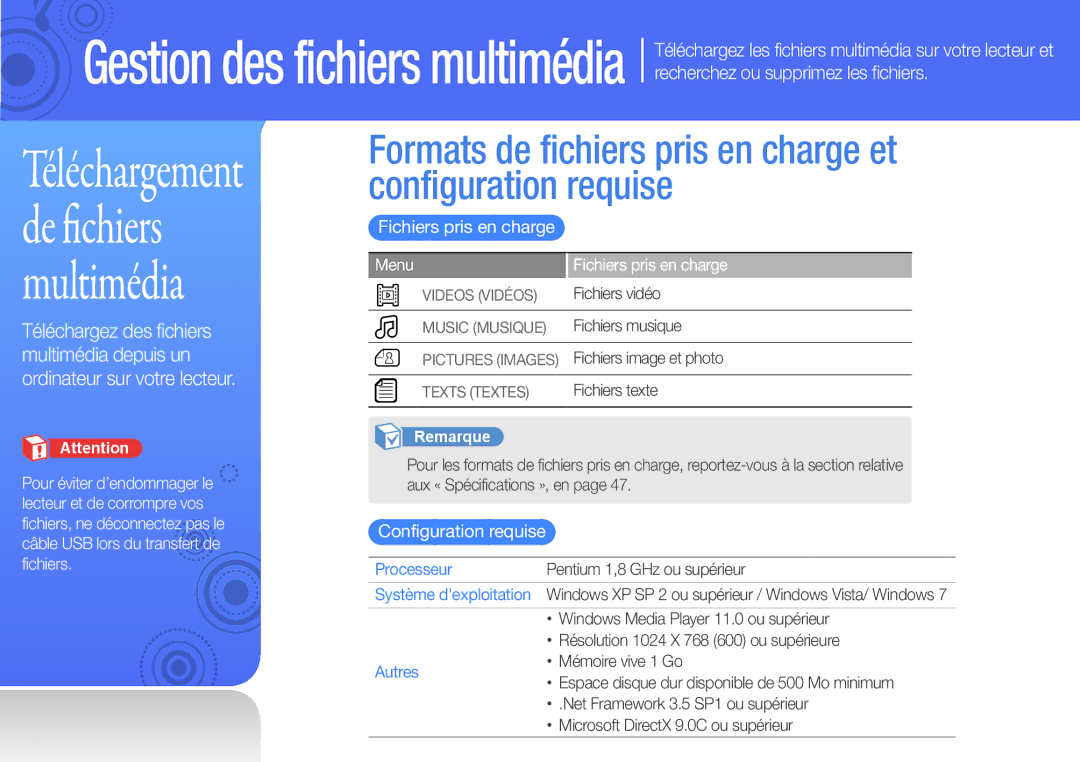 Samsung YP-Q3CW/XEF, YP-Q3CB/XEF, YP-Q3AW/XEF manual Fichiers pris en charge, Configuration requise, Menu, Processeur, Autres 