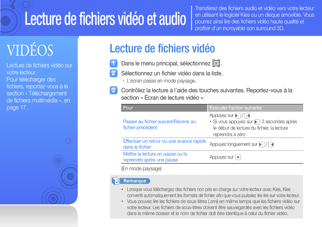 Samsung YP-Q3CB/XEF Lecture de fichiers vidéo, ’écran passe en mode paysage, En mode paysage, Exécuter l’action suivante 