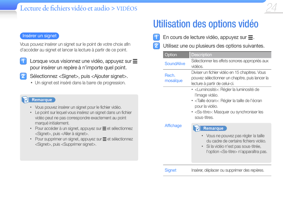 Samsung YP-Q3AB/XEF, YP-Q3CB/XEF manual Sélectionnez Signet, puis Ajouter signet, Insérer un signet, Option Description 