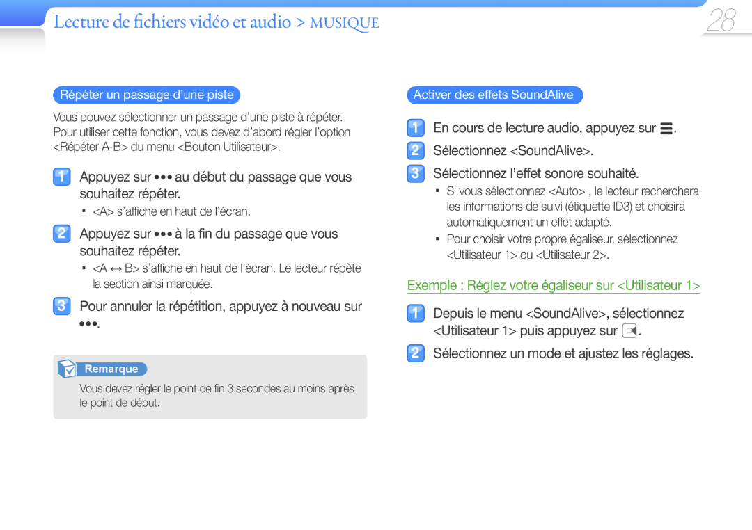 Samsung YP-Q3AB/XEF, YP-Q3CB/XEF, YP-Q3AW/XEF, YP-Q3CW/XEF manual Appuyez sur au début du passage que vous souhaitez répéter 