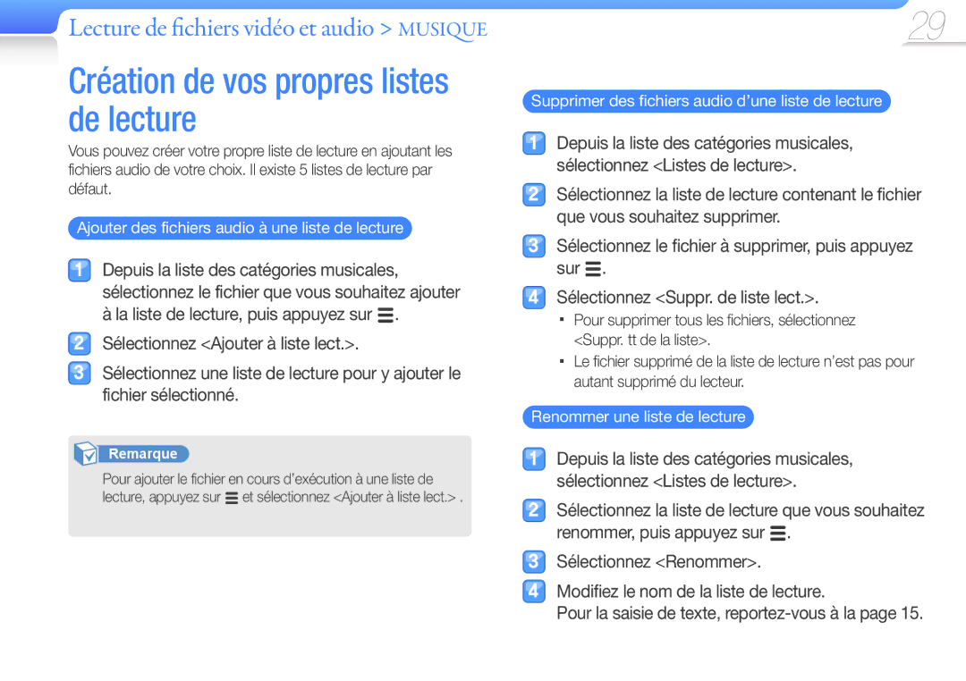 Samsung YP-Q3CW/XEF Ajouter des fichiers audio à une liste de lecture, Supprimer des fichiers audio d’une liste de lecture 