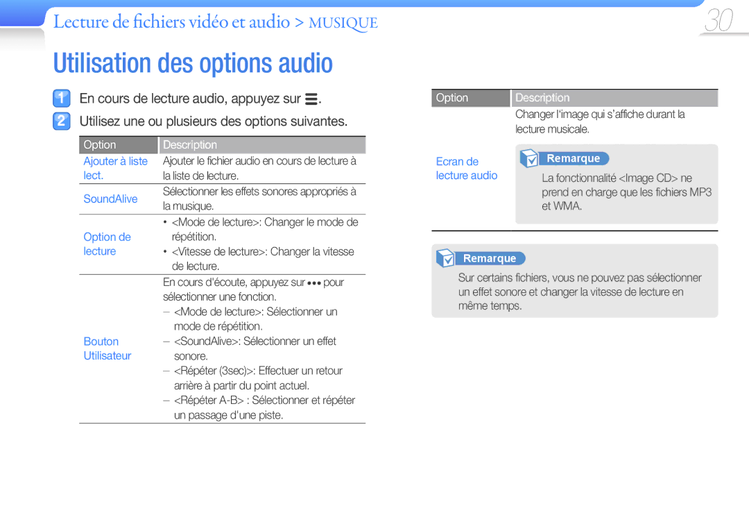 Samsung YP-Q3CB/XEF, YP-Q3AW/XEF, YP-Q3AB/XEF, YP-Q3CW/XEF manual Option de, Lecture, Bouton, Utilisateur 