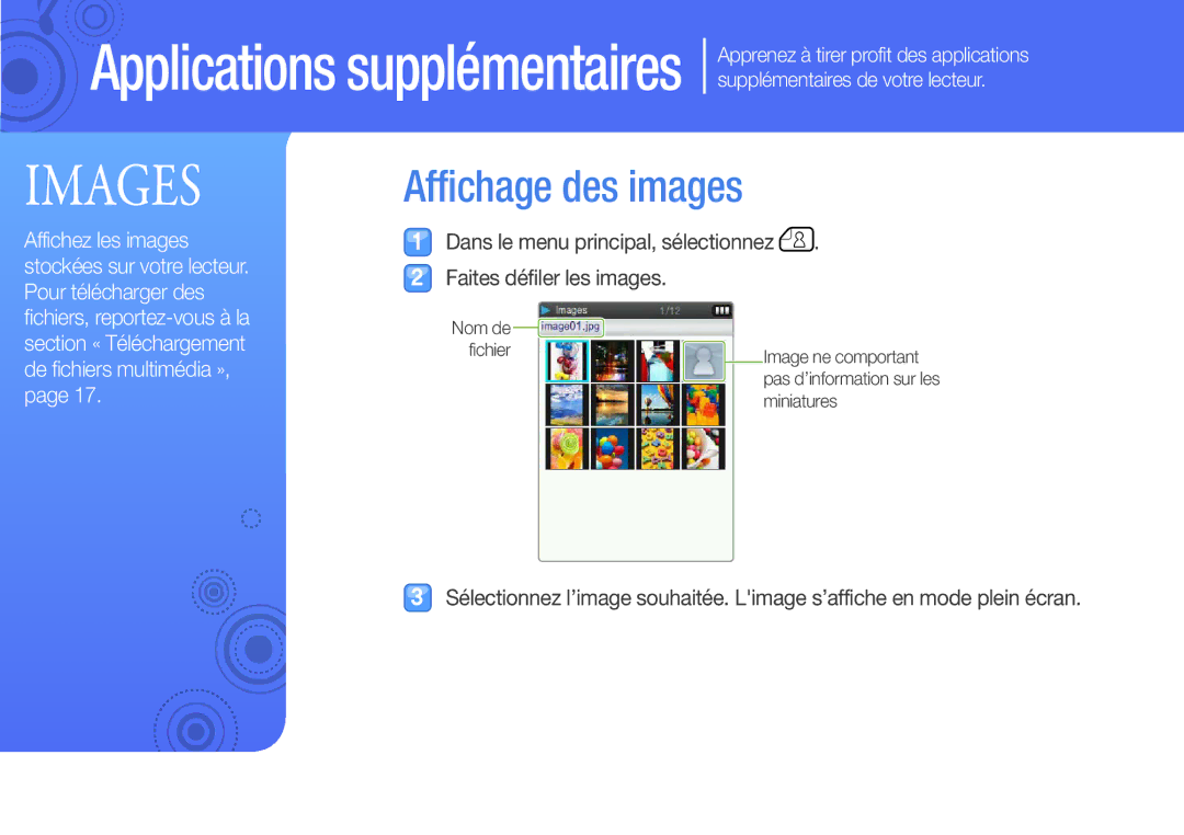 Samsung YP-Q3AW/XEF, YP-Q3CB/XEF, YP-Q3AB/XEF, YP-Q3CW/XEF manual Images, Affichage des images 