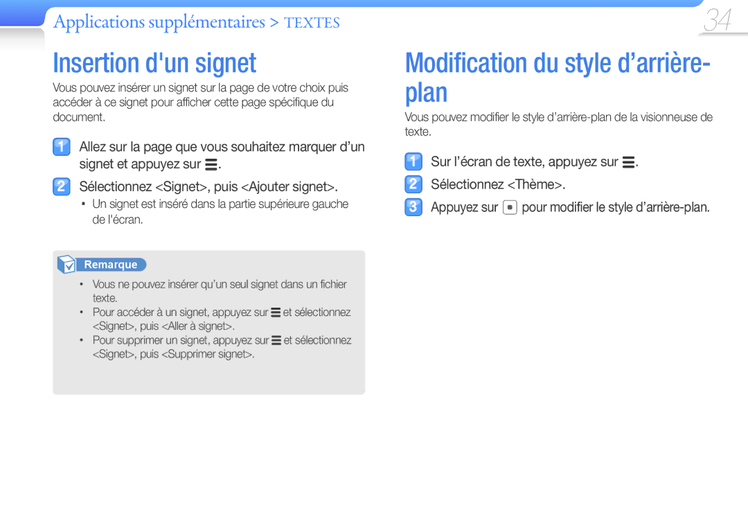 Samsung YP-Q3CB/XEF manual Insertion dun signet, Modification du style d’arrière- plan, Applications supplémentaires Textes 