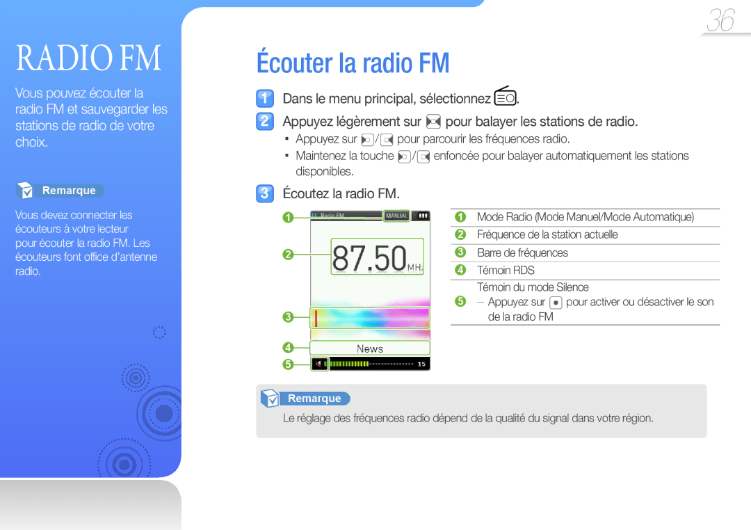 Samsung YP-Q3AB/XEF, YP-Q3CB/XEF, YP-Q3AW/XEF, YP-Q3CW/XEF manual Écouter la radio FM, Écoutez la radio FM 