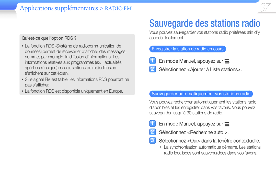 Samsung YP-Q3CW/XEF, YP-Q3CB/XEF, YP-Q3AW/XEF manual Applications supplémentaires Radio FM, Qu’est-ce que l’option RDS ? 