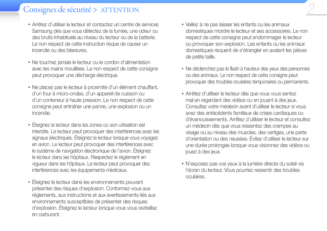 Samsung YP-Q3CB/XEF, YP-Q3AW/XEF, YP-Q3AB/XEF, YP-Q3CW/XEF manual Consignes de sécurité Attention 