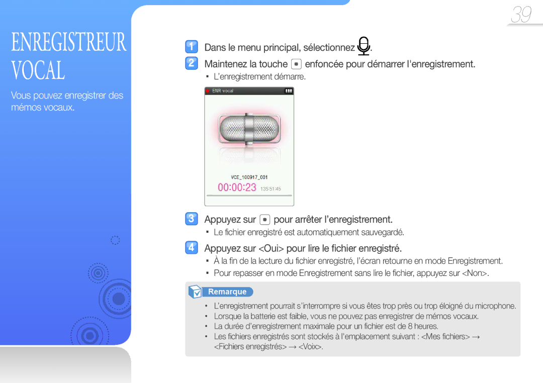 Samsung YP-Q3AW/XEF manual Appuyez sur pour arrêter l’enregistrement, Appuyez sur Oui pour lire le fichier enregistré 