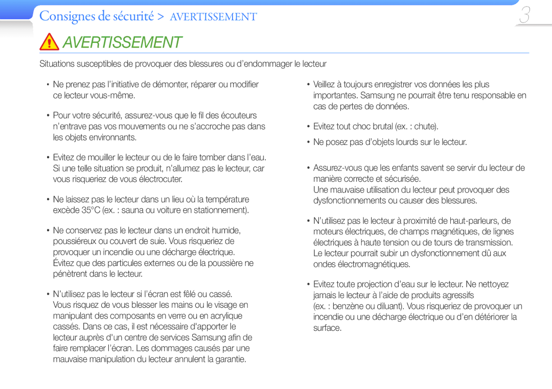 Samsung YP-Q3AW/XEF, YP-Q3CB/XEF, YP-Q3AB/XEF, YP-Q3CW/XEF manual Consignes de sécurité Avertissement 