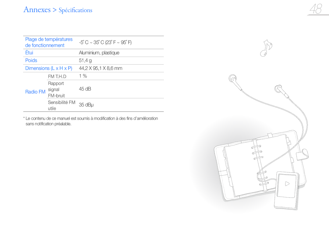 Samsung YP-Q3AB/XEF, YP-Q3CB/XEF, YP-Q3AW/XEF, YP-Q3CW/XEF manual De fonctionnement Étui, Poids, Radio FM signal 