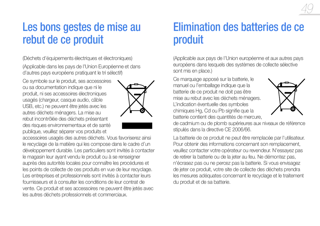 Samsung YP-Q3CW/XEF manual Elimination des batteries de ce produit, Déchets d’équipements électriques et électroniques 