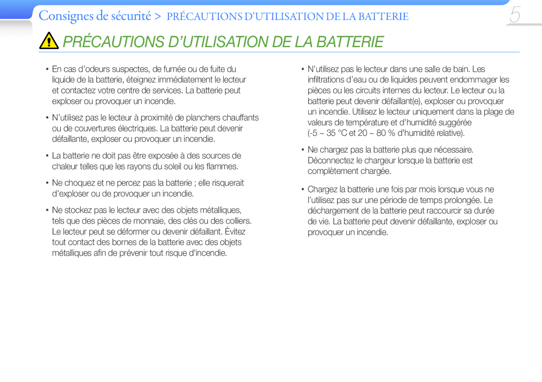 Samsung YP-Q3CW/XEF, YP-Q3CB/XEF manual Précautions D’UTILISATION DE LA Batterie, ~ 35 C et 20 ~ 80 % dhumidité relative 