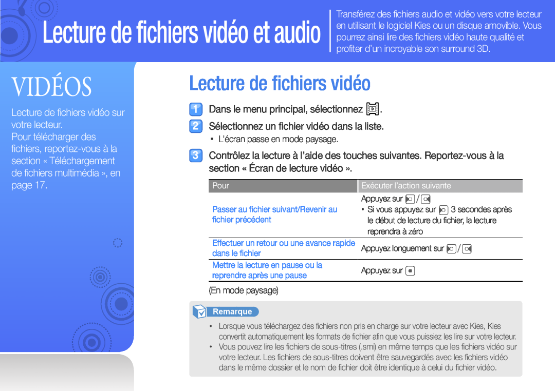 Samsung YP-Q3CB/XEF Vidéos, Lecture de fichiers vidéo et audio, Lecture de fichiers vidéo sur votre lecteur, page 