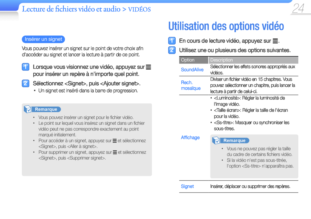 Samsung YP-Q3AB/XEF Utilisation des options vidéo, Lecture de fichiers vidéo et audio VIDÉOS, Insérer un signet, Option 