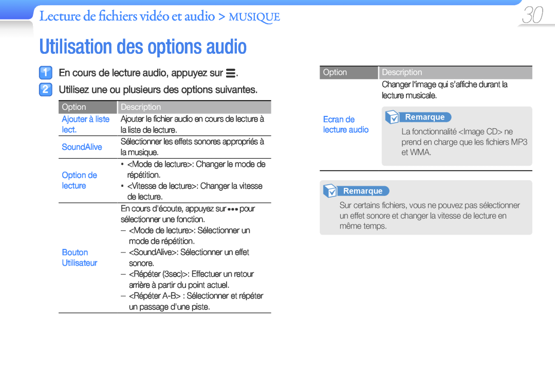 Samsung YP-Q3CB/XEF En cours de lecture audio, appuyez sur, Utilisez une ou plusieurs des options suivantes, Option, pour 
