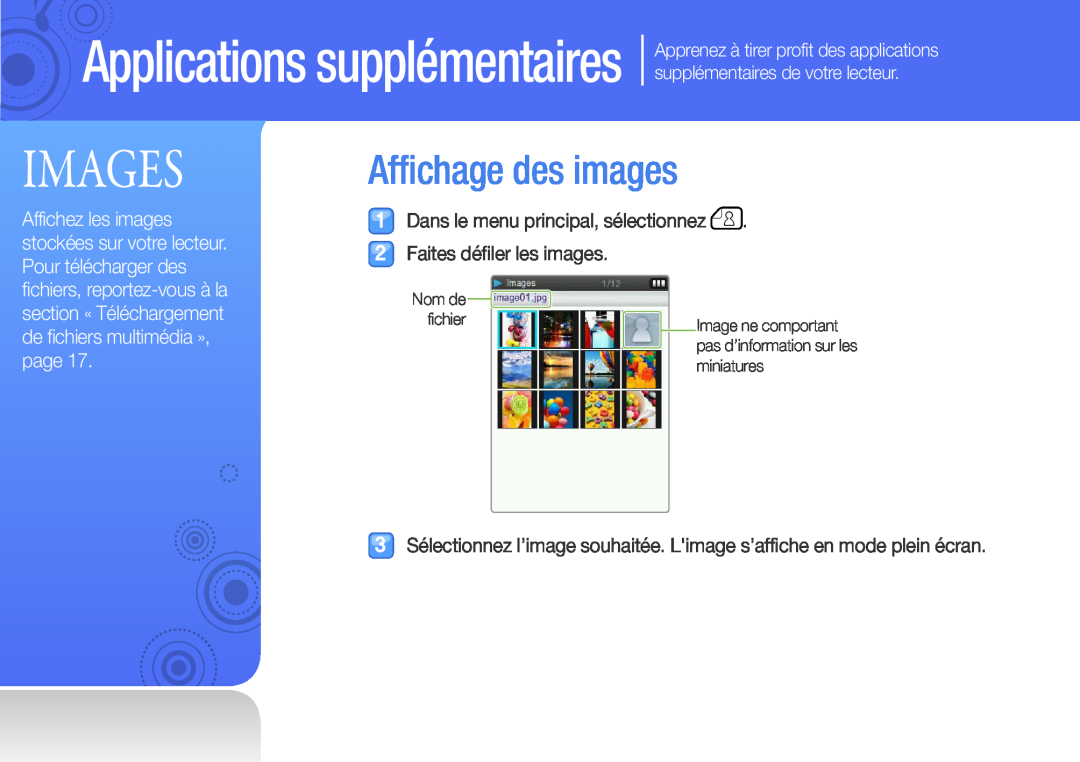 Samsung YP-Q3AW/XEF manual Images, Affichage des images, Dans le menu principal, sélectionnez . Faites défiler les images 