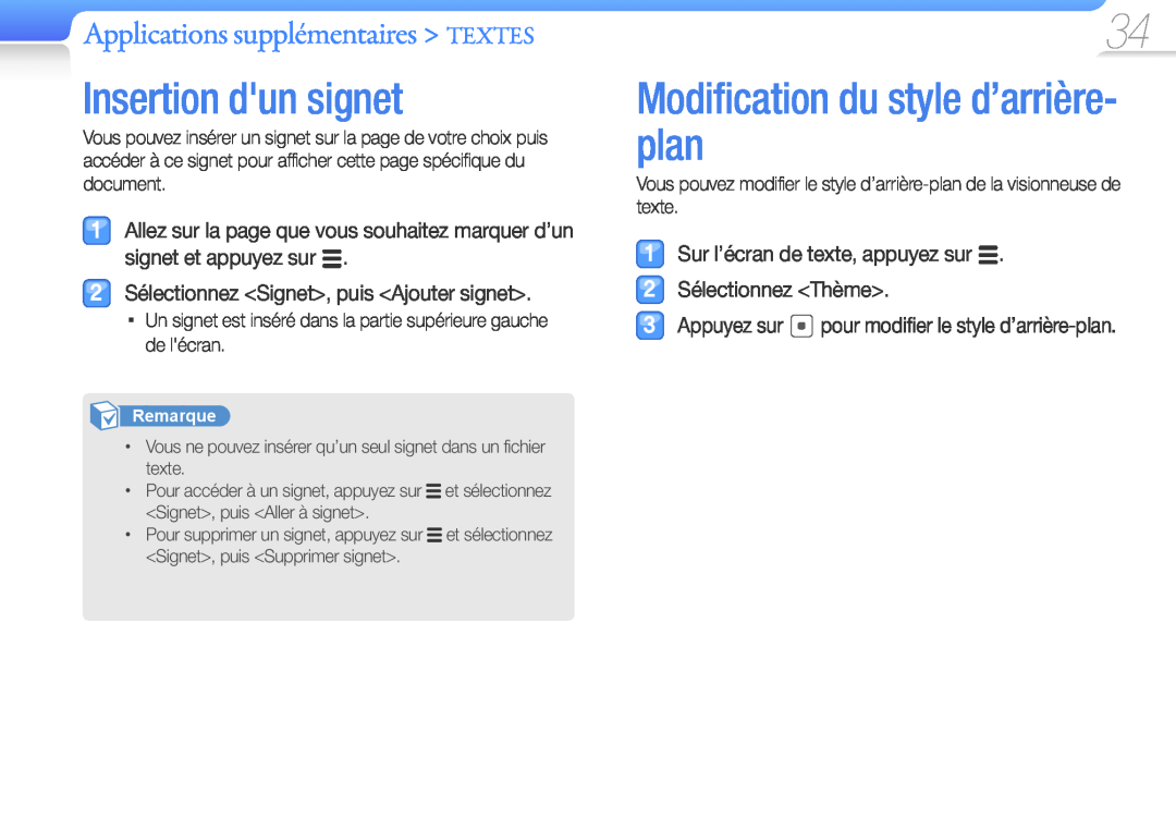 Samsung YP-Q3CB/XEF manual Insertion dun signet, Modification du style d’arrière- plan, Applications supplémentaires TEXTES 