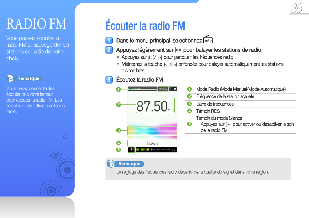 Samsung YP-Q3AB/XEF Radio Fm, Écouter la radio FM, Appuyez légèrement sur pour balayer les stations de radio, Remarque 