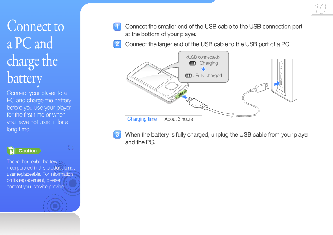 Samsung YP-R0 user manual Connect to a PC and charge the battery, Charging time 