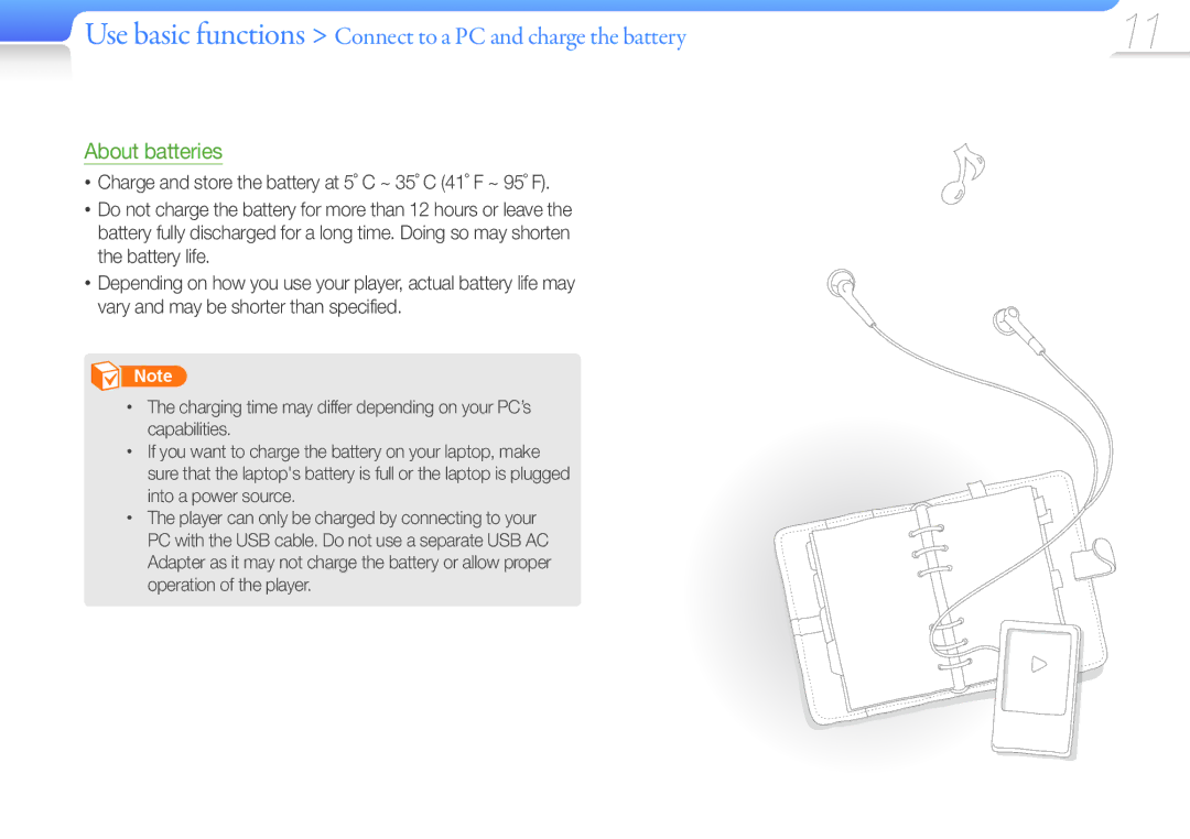 Samsung YP-R0 user manual Use basic functions Connect to a PC and charge the battery 