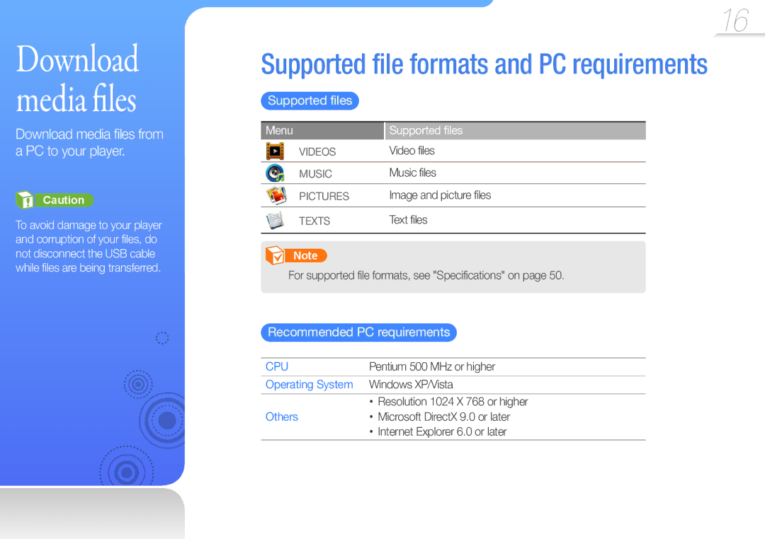 Samsung YP-R0 user manual Download media files from a PC to your player, Supported files, Recommended PC requirements 