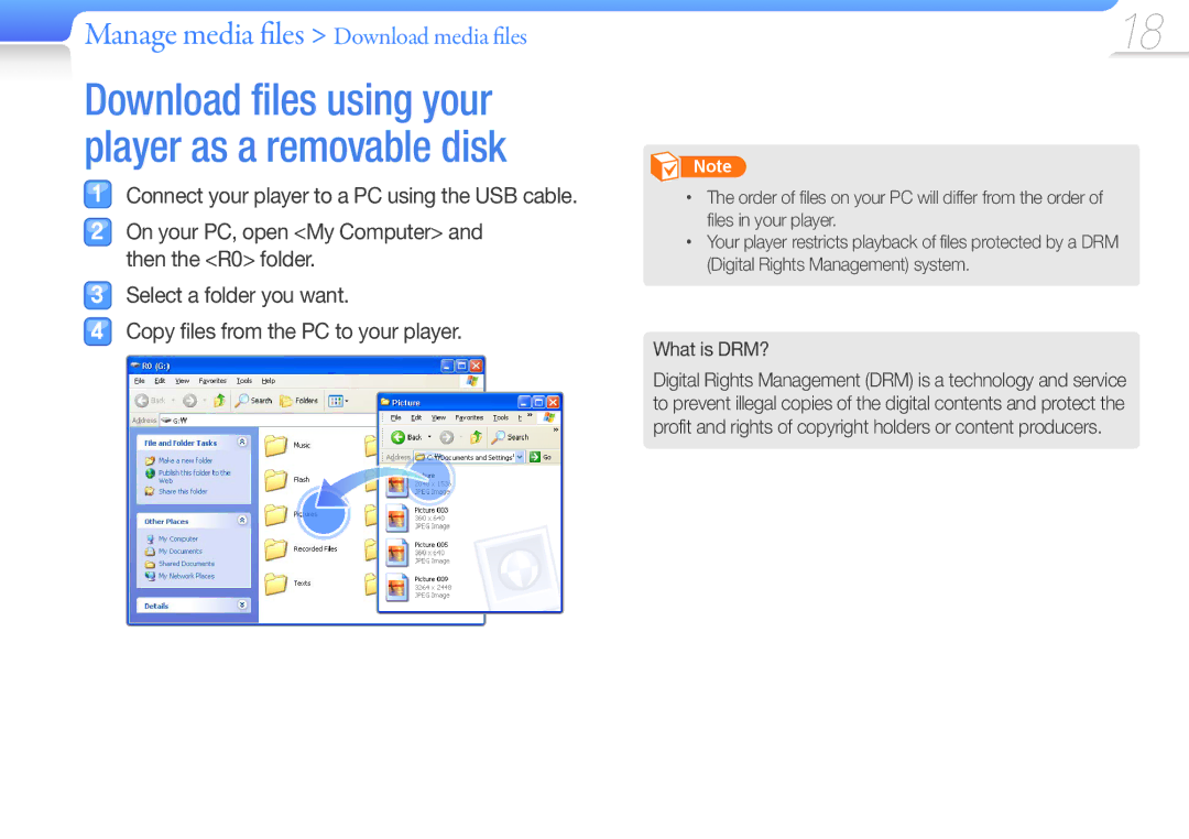Samsung YP-R0 user manual Download files using your player as a removable disk 