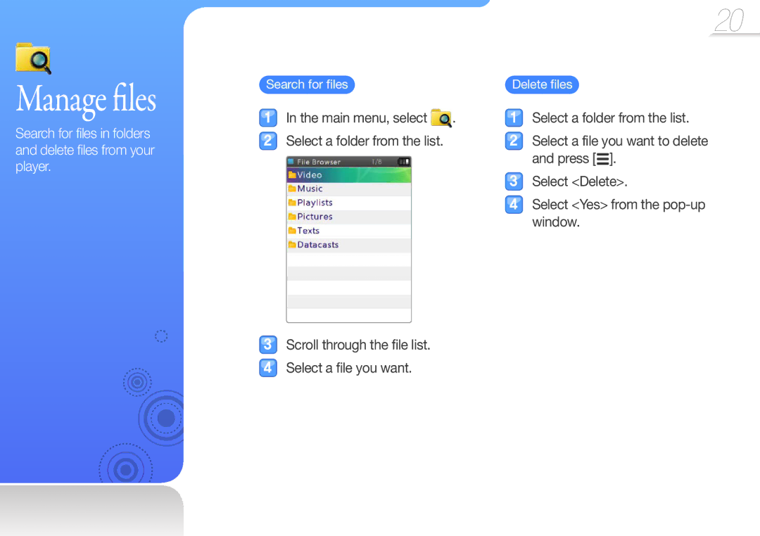 Samsung YP-R0 user manual Search for files, Delete files 
