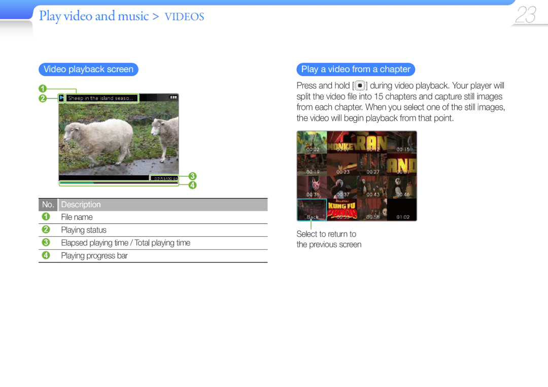 Samsung YP-R0 user manual Video playback screen, Play a video from a chapter, No. Description 