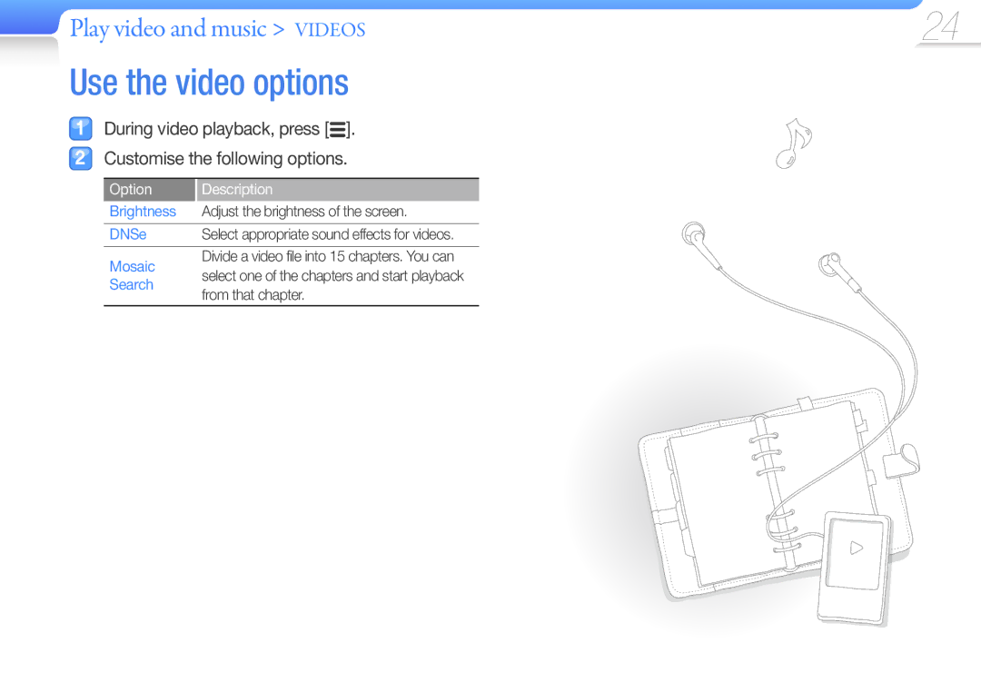 Samsung YP-R0 user manual Use the video options, Option Description 